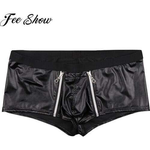 Sexy Men Lingerie Boxer Shorts Faux Leather Jockstraps with Zipper Bulge Pouch Sissy Panties Briefs Underwear Man Nightclub Wear