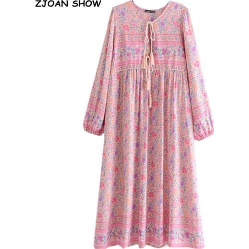 Bohemia Lacing up Pink Floral print Dress Ethnic Woman Long Sleeve Tassel Long Strappy Dresses Holiday Beach