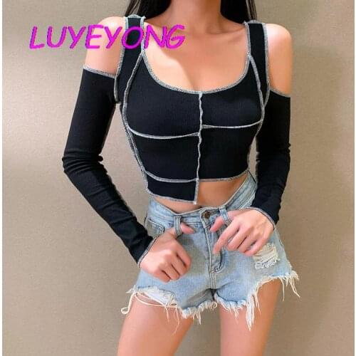 Goth Cool Women Black T-shirt 2020 Autumn Lady Off-shoulder Long-sleeve Big O Neck Irregular Short-length Tshirt Street Top Full