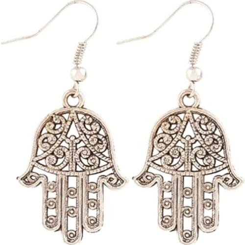 Women Girl fashion Cheap brand silver hollow Hamsa hand alloy dangle earrings pendientes brincos cc ali express jewelry