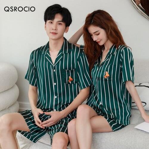 QSROCIO Womens Pajamas Set Luxury Fashion Stripes Sleepwear Couple Nightwear Silk Like Female Male Home Clothes Suit for Men