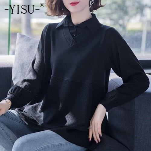 YISU Fake two-piece Womens sweater Solid color Shirt collar Spring top 2021 Long sleeves Jumper Female Casual Knitted pullover