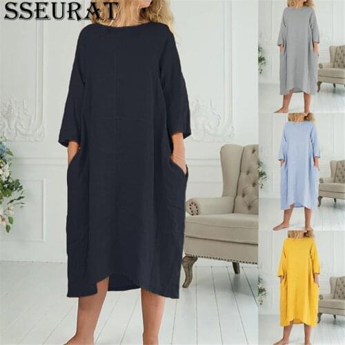 SSEURAT Women Dress Autumn Solid Casual Long Sleeve Maxi Dress For Women Long Dresses