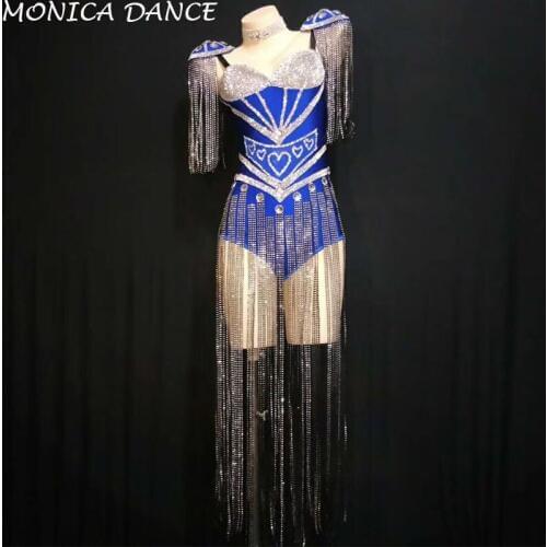 3 Colors Women Sexy Blue Black White Crystals Bodysuit Sparkly Tassel Outfit Celebrate Costume Stage Party Singer Dance Costume