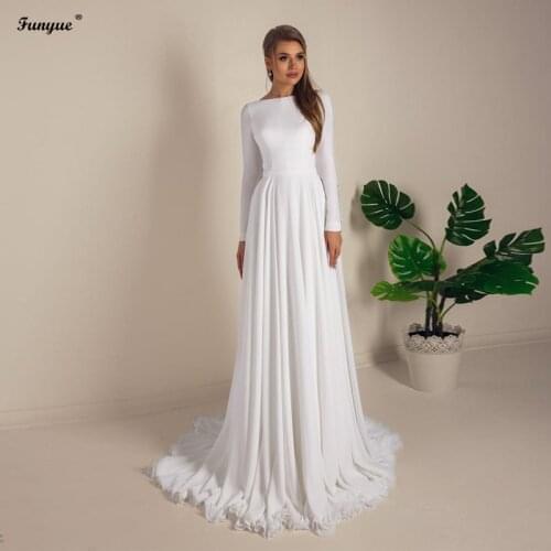 Classic A-Line Chiffon Wedding Dresses Long Sleeves Ivory Muslim Bridal Gowns for Bride Open Back Vestidos De Novia 2021