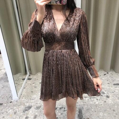 Womens bright silk puff sleeve dress French brand deep V neck high waist sexy party dress women