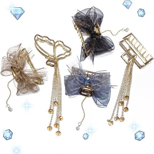 Ms white gauze bowknot grab clip simple geometric metal hairgrips lady hair pearl diamond chain tire female sharkhigood