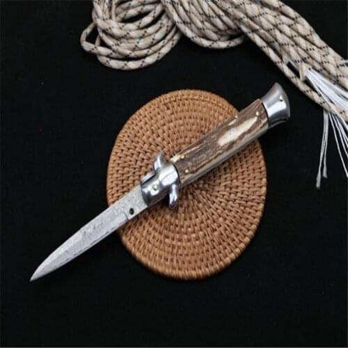 Damascus antler handle [9 inch] AKC Mafia Handle Pocket Knife Army Camping Survival Tactical tool