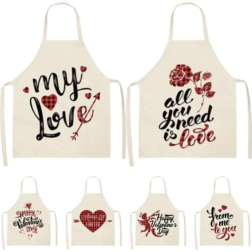Red Plaids Love Heart Pattern Cleaning Home Cooking Kitchen Aprons Cook Wear Cotton Linen Baking Accessories Aprons for Woman