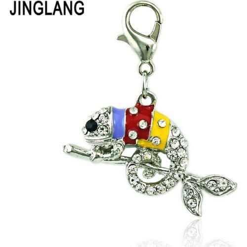 JINGLANG Fashion Rhinestone Chameleon Charms Dangle Enamel Lobster Clasp Charms Animals DIY Jewelry Making Accessories