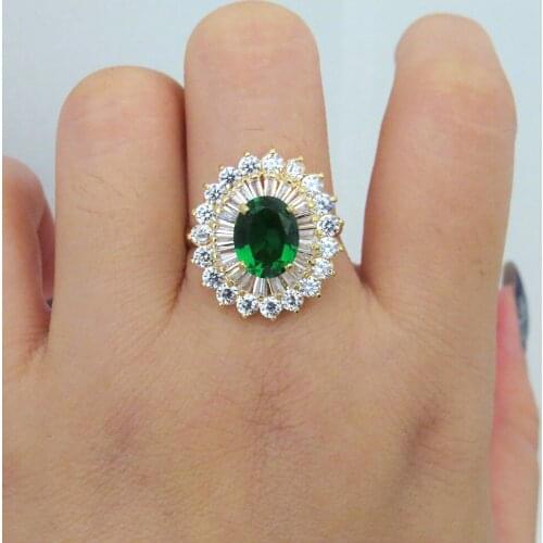 14k Yellow Gold 1.6CT 9*7MM Emerald Lab-created with Buguettee White Topaz & Moissanite Ring For Women