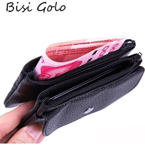 BISI GORO Mini Coin Purse Cow Leather Simple Wallet for Men Women Zipper Black Coffee Minimalist Travel Cards Holder 2020 New