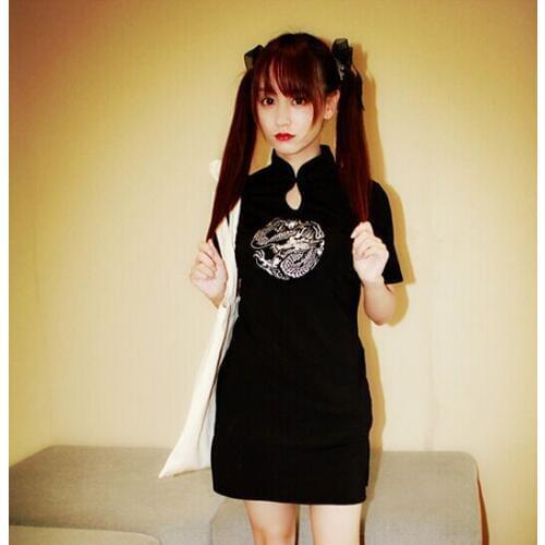 Cool Dragon Embroidery Black Cheongsam Rock Punk Chinese Qipao Vintage Dress Mini Dress Darkness Style