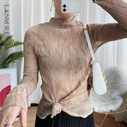 LANMREM Women 2021 Spring Summer T Shirt Versatile Fashion Slim T-shirt Translucent Fold Elastic Shirt Female Elegant Top 2D1241