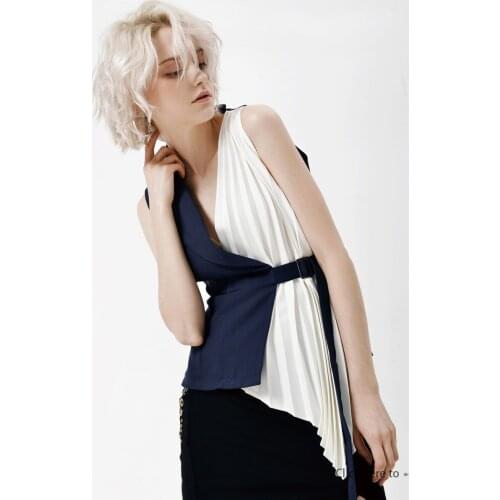 Summer Waistcoat Fashion Elegant Stitching Pleated Chiffon Vest Front Adjust Waist Lace Up Irregular Folds Tops Women Waistcoats