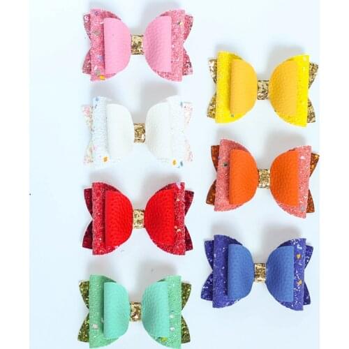 2PCS Cute Daily Leather Mix Sequins Bow Side Hair Clips Glitter Barrettes Hair Accessories Girls Kids Children Headwear Hairpin