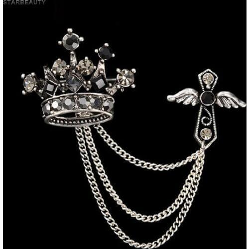 Angel Wing Cross Crown Brooch Lapel Pin Mens Windbreaker Suit Boutonniere Badge Brooches for Men Women Broches Chain Tassel
