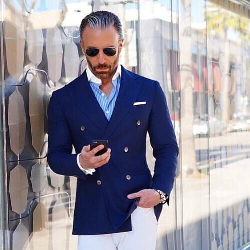2019 Latest Coat Pant Designs Navy Blue Double Breasted Men Suit Slim Fit 2 Piece Casual Tuxedo Custom Groom Prom Blazer Ternos