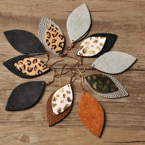 2019 New Fashion Design Leather Geometric Leaf Drop Earring Winter Leopard Dot Dangle Earring for Woman Girls