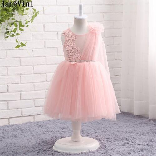 JaneVini 2019 Lovely Pink Flower Girl Dresses with Lace Appliques Scoop Neck Illusion Back Tulle A Line kids Wedding Party Gowns