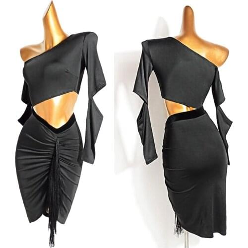 2021 Latin Dance Dress WomenS Hollow Waist Practice Dress Sexy Irregular Dance Dress Female Adult Latin Performance Wear DN7607