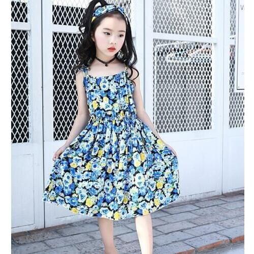 Girls dresses New summer pastoral baby clothes floral fresh large printing tape harness dress 3-12 years baby girl clothes