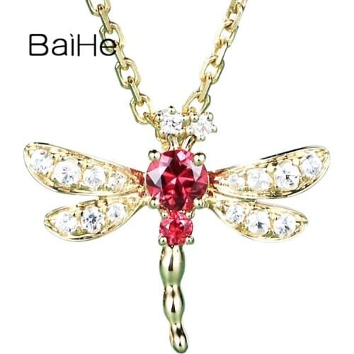 BAIHE Solid 18K Yellow Gold 0.10ct Natural Rubis 0.10ct White sapphirs 0.01ct Diamonds Fine Jewelry Wedding pendant For Women