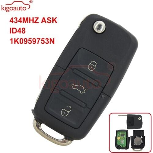 Kigoauto 1KO959753N Flip key HU66 3 button 434MHZ ASK ID48 for VW Jetta Passat 50W 1KO 959 753 N Remote key