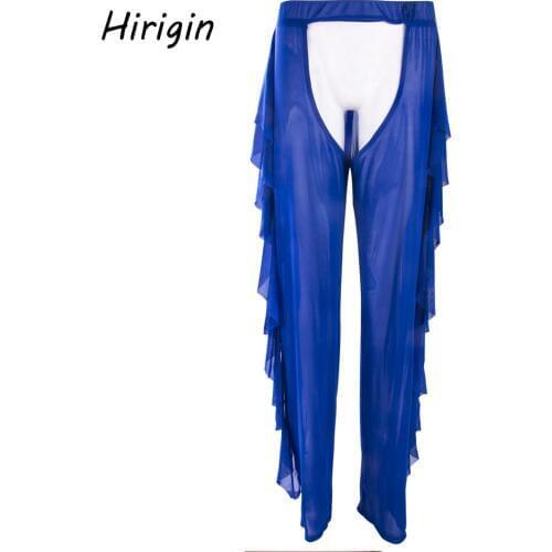 Sexy Women Beach Mesh Ruffles Edge Sheer Wide Leg Pants Transparent See through Summer Holiday Sea Cover Up Bikini Open Trouser