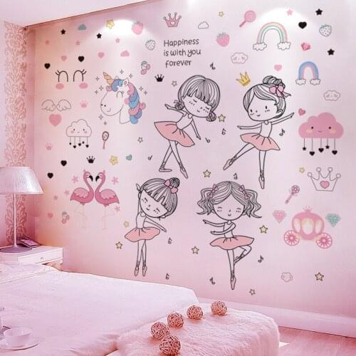 [shijuekongjian] Cartoon Unicorn Flamingos Wall Stickers DIY Ballet Girl Wall Decals for Kids Room Baby Bedroom House Decoration