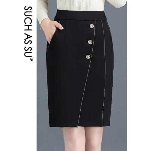 SUCH AS SU New Quality Womens Black Pencil Skirt 2020 Button High Waist Knee Length S-3XL Plus Size Female OL Office Skirt