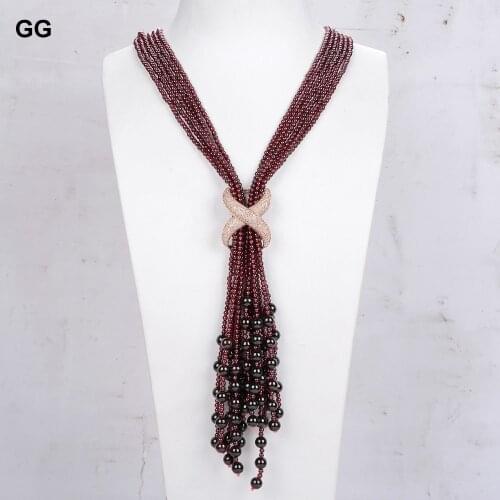 GuaiGuai Jewelry 37" 6 Strands Round Garnet Long Necklace CZ Pendant