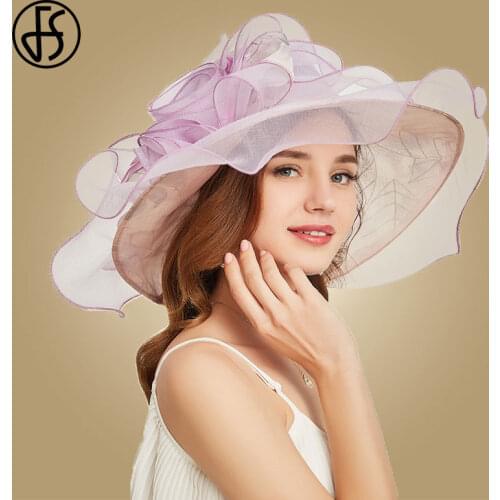 FS Purple Sun Hat 2021 Ladies Hats Blue Fascinator Wedding Kentucky Derby Hats For Women Flower Wide Brim Fedora Organza Hat