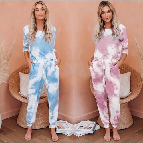 Womens Pajamas Tye Dye 2 Piece Set Lounge Wear Pocket Homewear Suit Casual Fashion Long Sleeve Top And Pants Women Outfit Sets