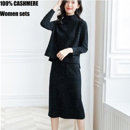 Pure Cashmere women sets sweater turtleneck winter autumn fashion thick two-piece pure Wool 100 cashmere skirt knitted
