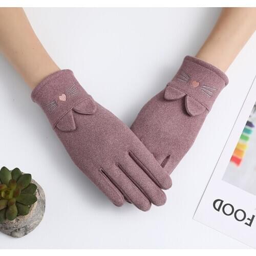 Winter Women Keep Warm Touch Screen Plus Velvet Inside Cute Lovely Cat Embroidery Soft Thicken Fashion Elegant Drive Gloves