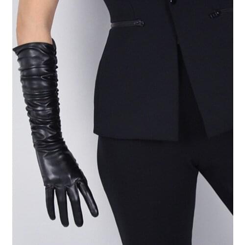 Winter Women PU Leather Pleated Pile Sleeve Touch Screen Gloves Sexy Silk Lining 50cm Long Full Finger Warm Driving Mitten K52
