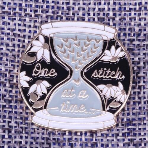 One Stich at a time Badge Floral hourglass Enamel pin sewing art jewelry knitter flair addition