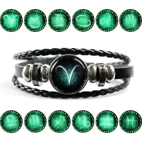 12 Constellation Luminous Zodiac Sign Black Braided Leather Bracelet Cancer Leo Virgo Libra Woven Glass Dome Jewelry Bracelet