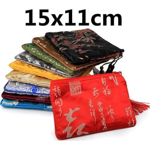 100pcs Cotton filled Thicken Zip Christmas Gift Pouches Wedding Party Favor Bags Chinese Silk Brocade Phone Wallet Wholesale