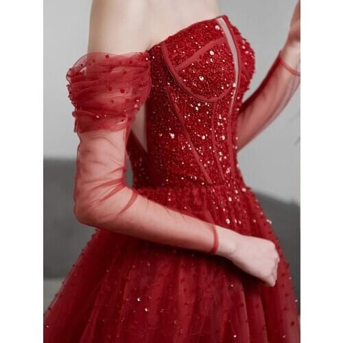 Sparkling Dark Red Evening Dresses Off the Shoulder Long Prom Dresses Zipper Back Soft tulle with Beading Sequins Runway Gowns