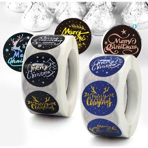 Bronzing Merry Christmas Stickers Roll Colorful 500-Count Stickers Round Seals Stickers for Cards Gift Envelopes Box DU55