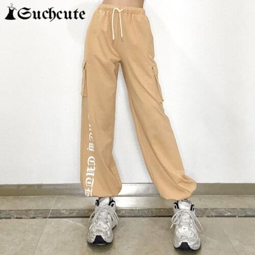 SUCHCUTE Letter Print Women Straight Pant Korean Fashion Casual Hight Waist Harem Pants Harajuku Vintage 90s Streetwear Outfits