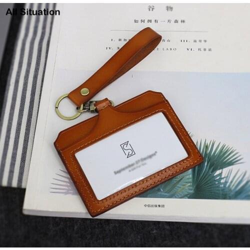 Luxury ID Badge Holder For Work Office Genuine Leather Top End Student Teacher Identity Bus Card Set Neck Lanyard Keychain Pull