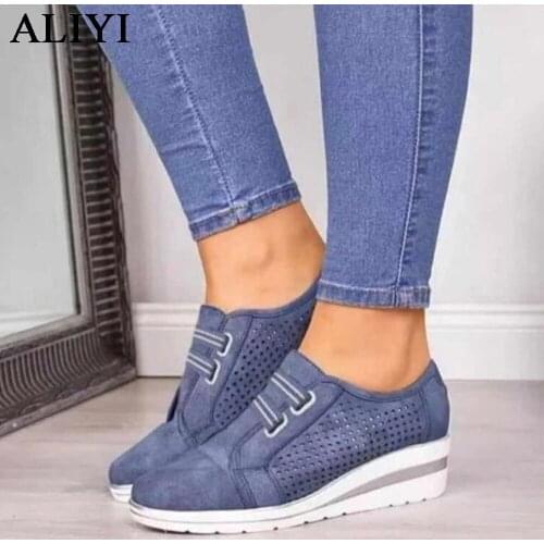 Women Canvas Shoes 2021 All Season Daily Hollow Out Ladies Pointed Toe Wedge Casual Shoes Home Outdoor Female Comfy Sneakers