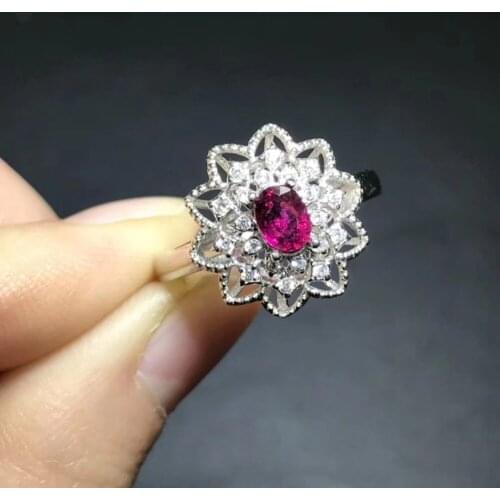 Luxurious big Natural red tourmaline Sun flower Ring S925 Silver Natural red gemstone Ring Women girl wedding party gift Jewelry