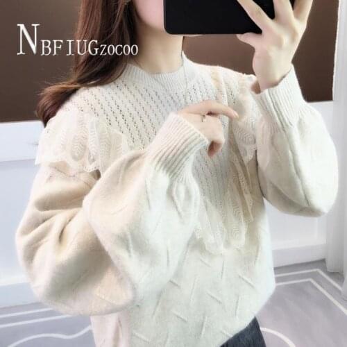 Beautiful Lace Decor Round Neck Knitting Women Sweater Long Sleeve Female Sweaters