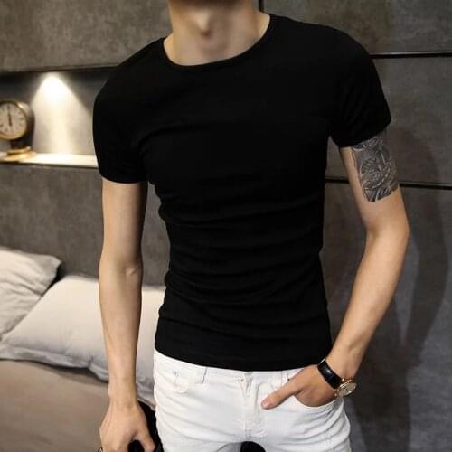 Mens tight T-shirts round neck solid color shirt bottoming shirt half sleeves pure black and white cotton short sleeves