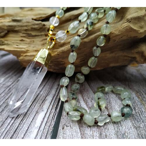 YA3868 Natural Rough Quartz Point Pendant Prehnites Stone Chips Beads Knot Handmade Necklace