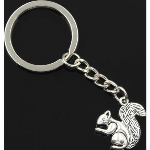 New Fashion Men 30mm Keychain DIY Metal Holder Chain Vintage Double Sided Squirrel 21x21mm Silver Color Pendant Gift